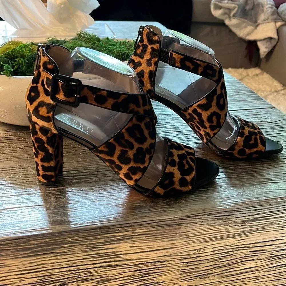 Franco Sarto Hazelle Leopard Pony Hair Block Heel Sandals sz 9 NWOT Mob Wife